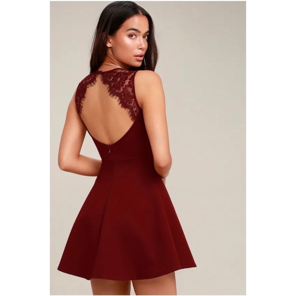 NWT LULUS Need You Close Wine Red Lace Backless Skater Coquette Dress Size M